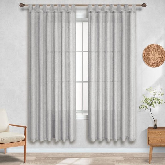 Grey Curtains 63 Inch Length for Bedroom 2 Panels Set Tab Top Canvas Cotton - Picture 2 of 7